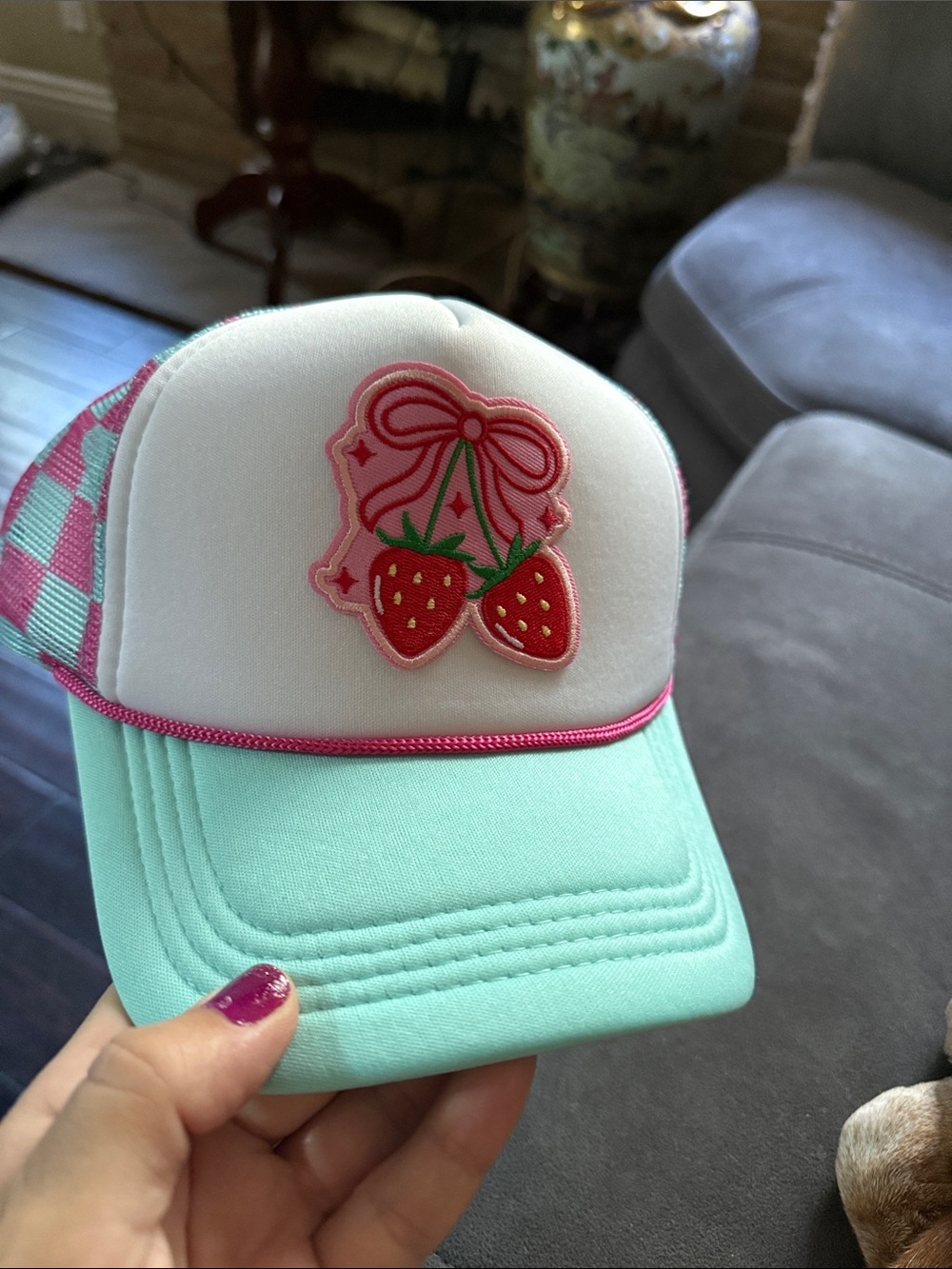 Aqua & White Trucker Hat with Strawberry Patch SnapBack for adults or kids